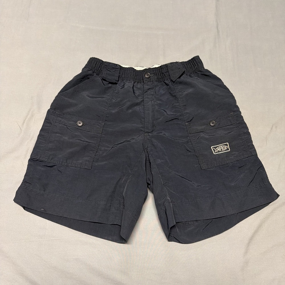 AFTCO Original Fishing Shorts Mens Black Nylon Cargo Elastic Waist Size 30